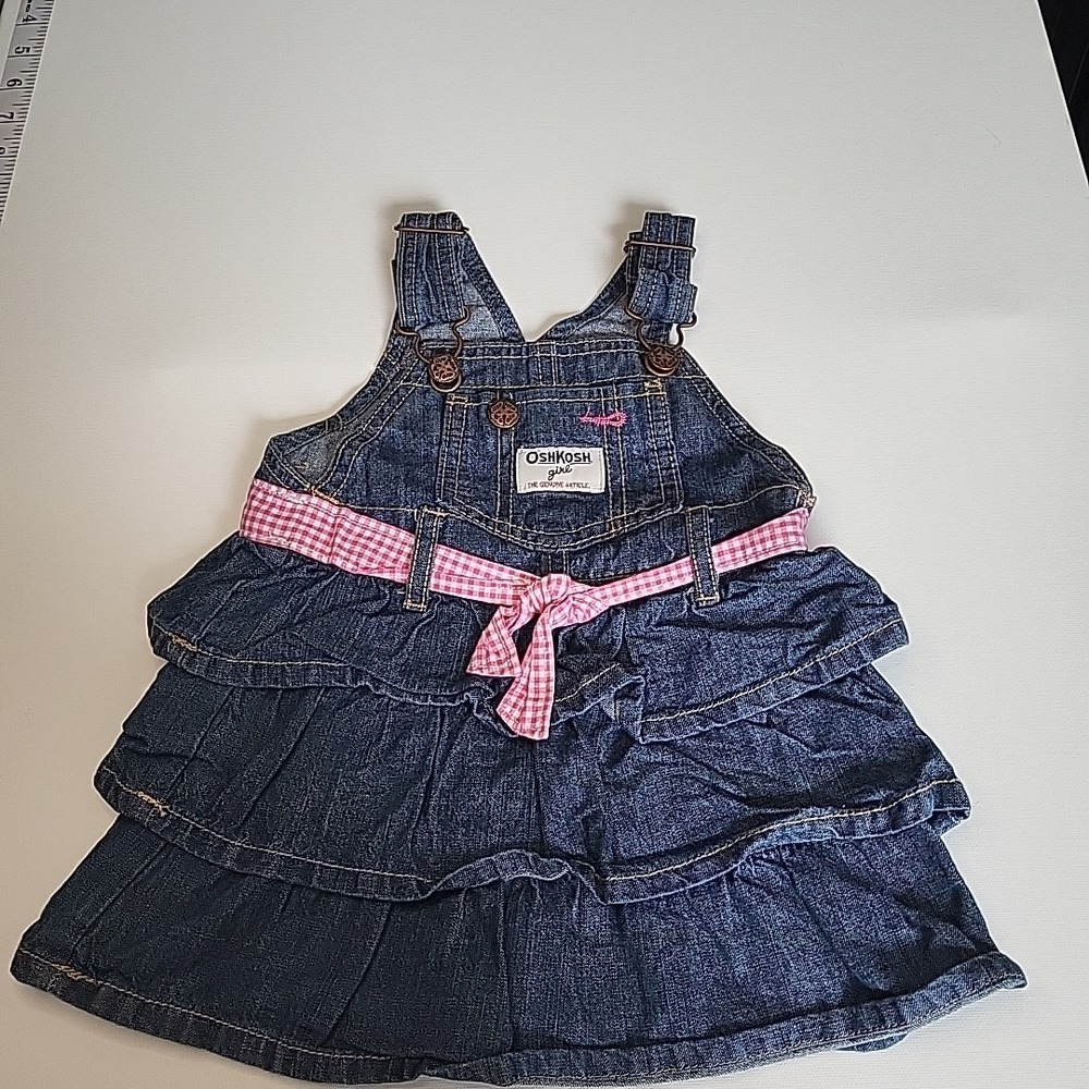 OSHKOSH Girls Vestbak Tiered Denim Overall Jumper Dress Size 12mo